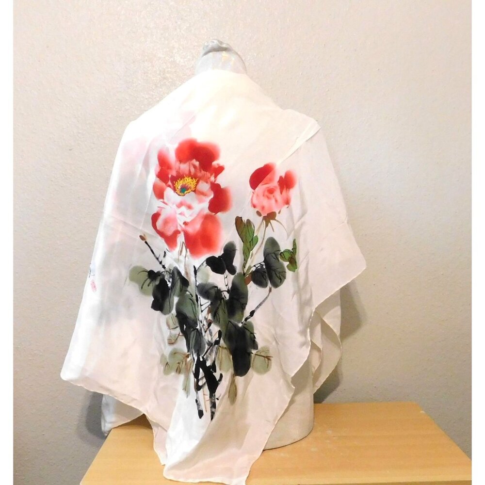 Silk Floral Scarf White Red Hand-Rolled Shawl Asian Characters 45 X 45 Inches